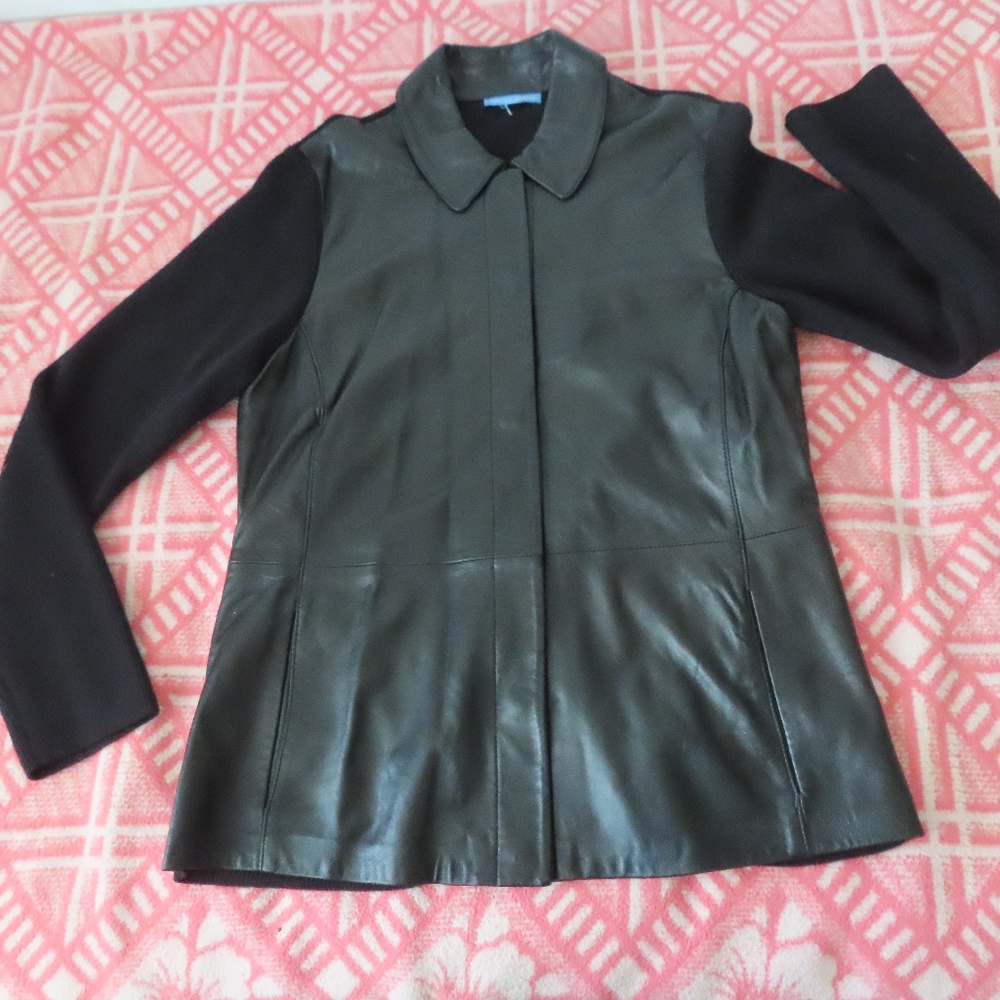 White + Warren Lambskin Leather Paneled Wool Ribbed Knit Zip Jacket no size